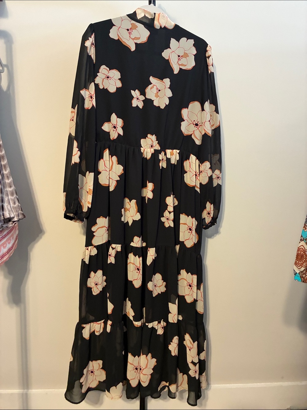 Who What Wear Black Maxi Dress Long Sheer Sleeve Tie Neck Cream Orange Floral XL - Picture 3 of 5
